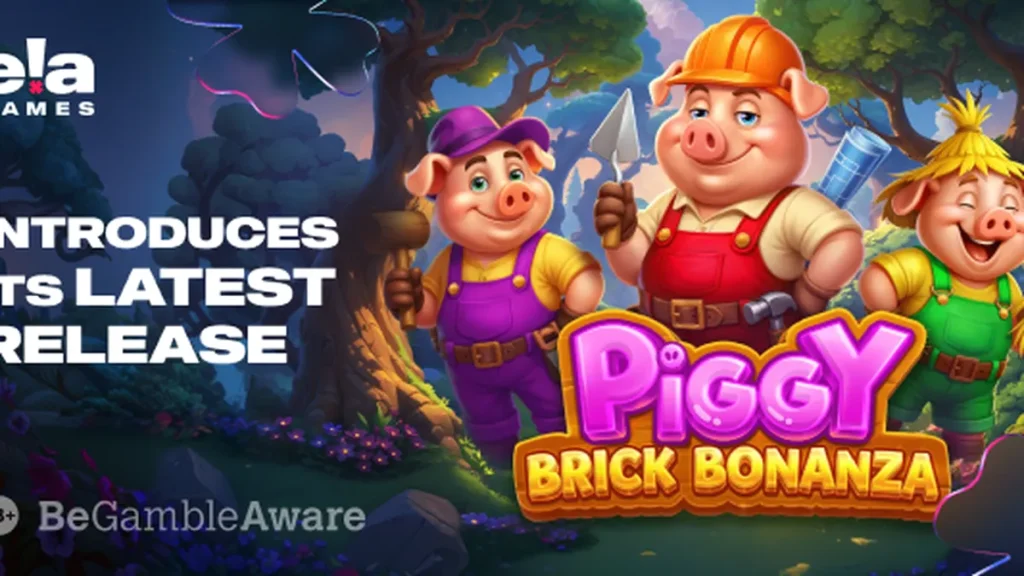 Tampilan visual slot Piggy Brick Bonanza dengan tema bangunan rumah